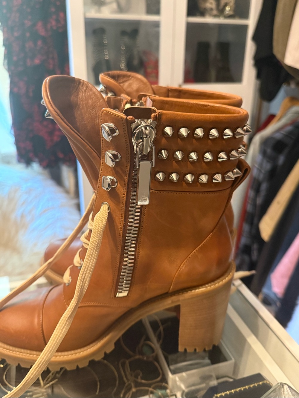 Christian Louboutin Tan Leather Studded Lace-Up Ankle Boots